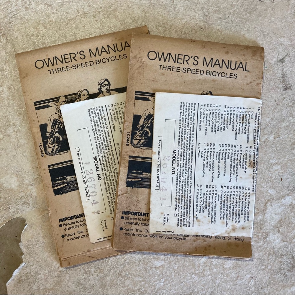 Two Vintage Huffy Three Speed Bike Owners Manuals And Registration Cards